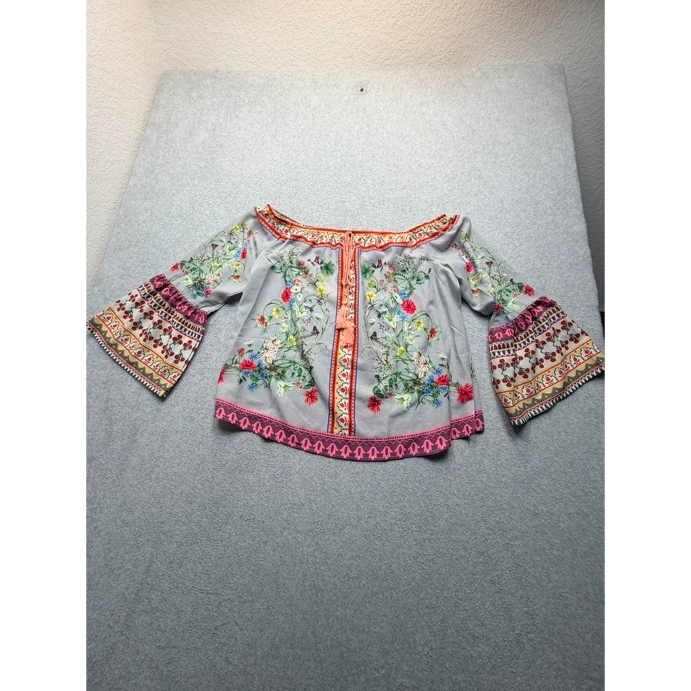 Umgee Womens Grey Floral Off The Shoulder Bell Sleeve Boho Tassel Top Large